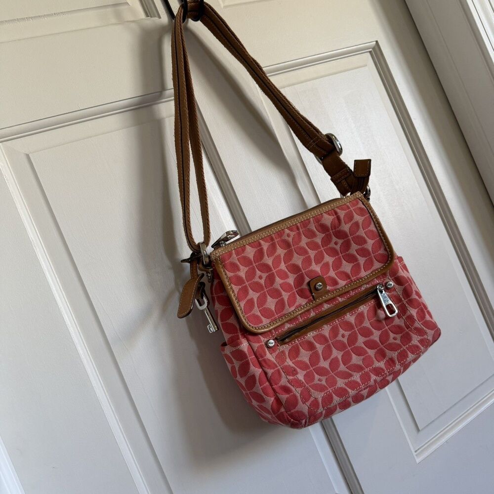Fossil signature canvas orange crossbody purse Y2K leather trim pockets summer